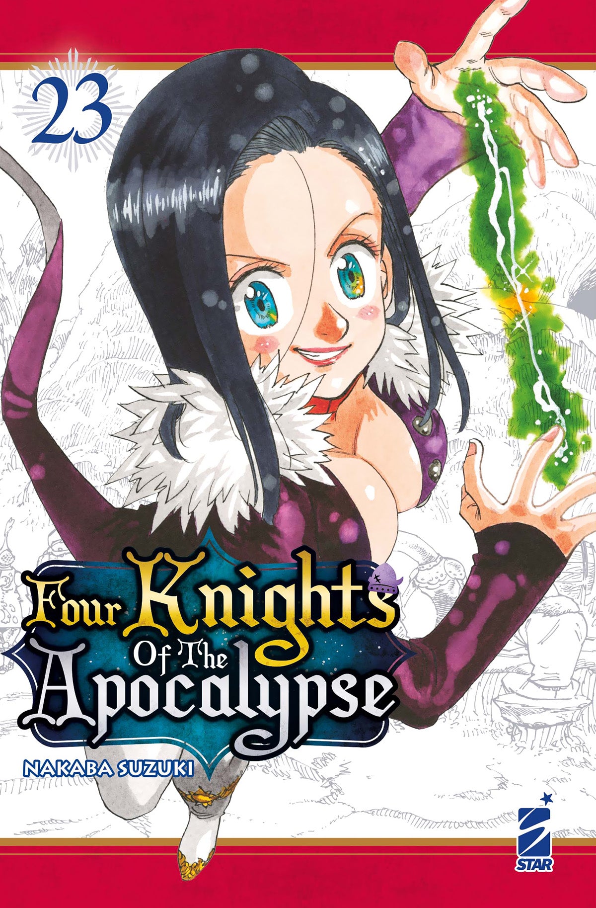 Copertina del ventitreesimo volume del manga 'Four Knights Of The Apocalypse' di Nakaba Suzuki, edito da Star Comics. L'illustrazione ritrae una giovane donna dai lunghi capelli neri in abito viola con bordo in pelliccia bianca che emette una scia di magia verde dalla mano, sormontata dal titolo e dal numero 23 in alto a sinistra.