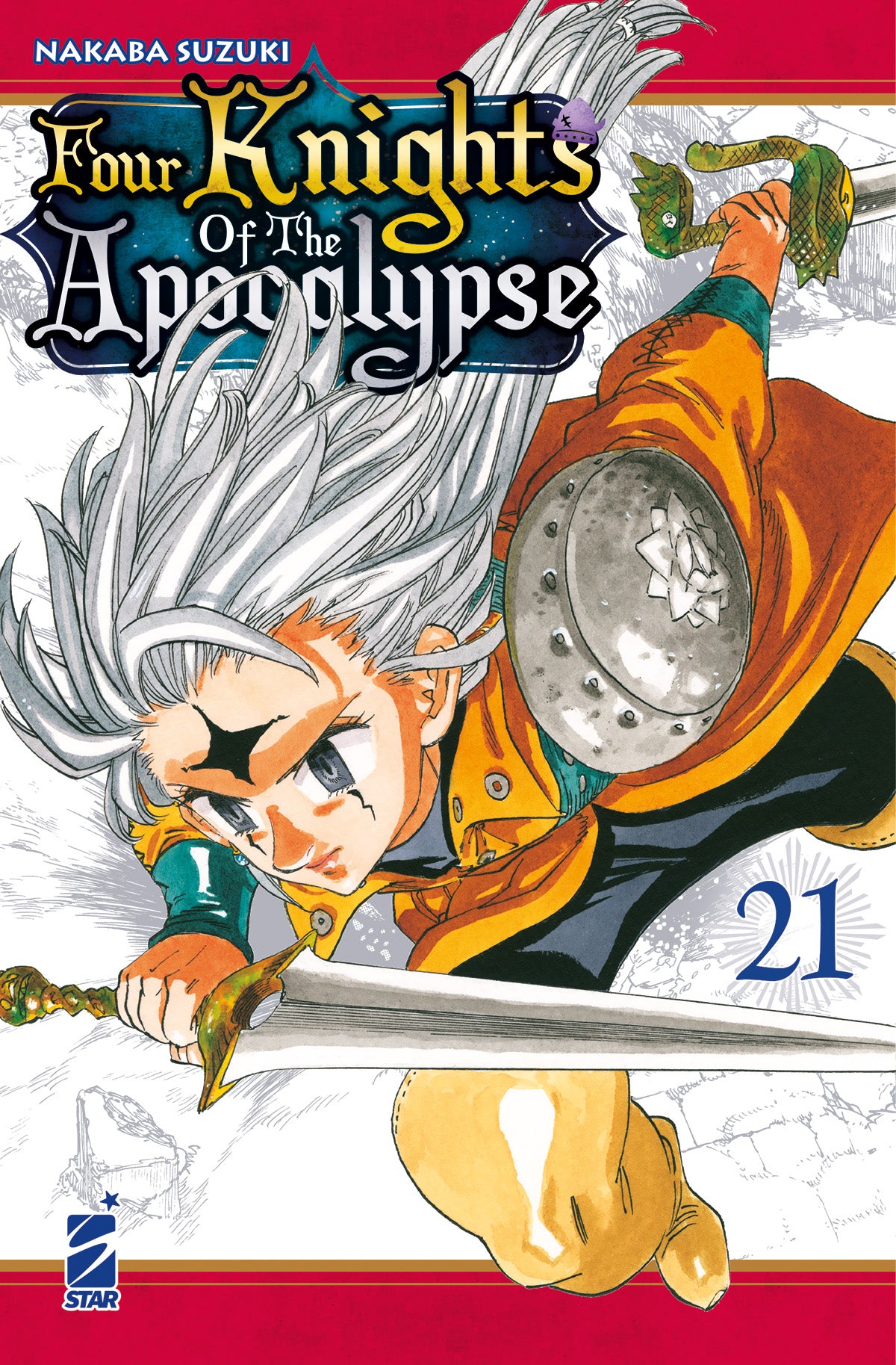Copertina del manga Four Knights Of The Apocalypse Vol. 21; il protagonista Percival è ritratto in una posa d'attacco aerea con la spada in pugno, indossa una tunica arancione con dettagli verdi e un'armatura leggera.