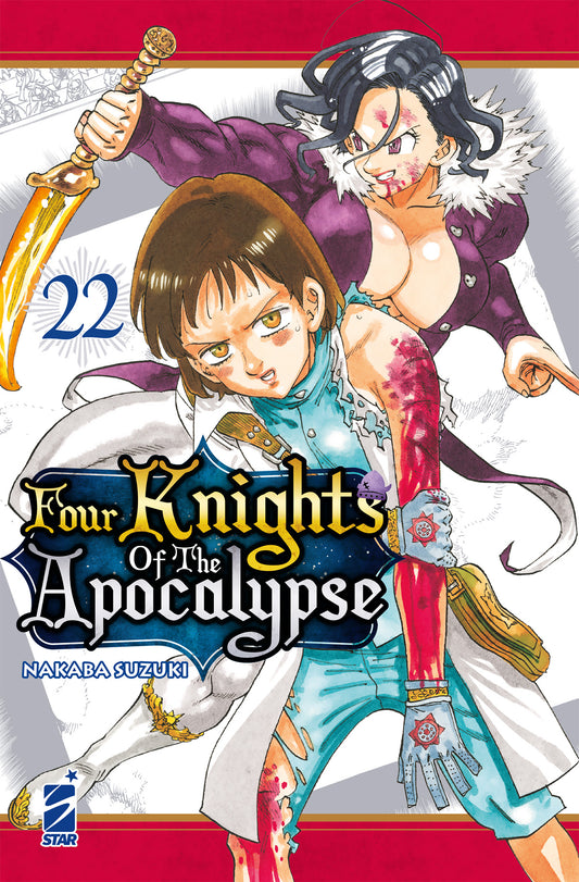 Copertina del manga Four Knights of the Apocalypse volume 22. Illustrazione con due giovani guerrieri feriti in battaglia, uno dei quali impugna una spada dorata.