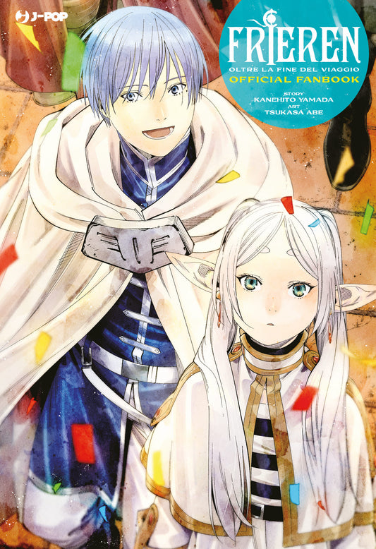 Copertina del "Frieren Oltre La Fine Del Viaggio Official Fanbook" edito da J-POP. L'illustrazione mostra Frieren e l'eroe Himmel sorridenti mentre vengono festeggiati da una pioggia di coriandoli colorati.