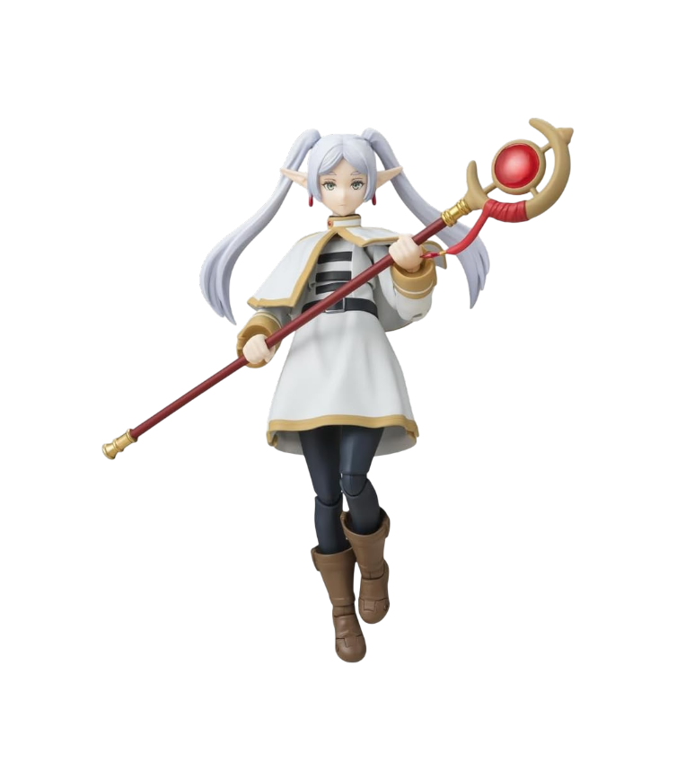 Action figure snodata del personaggio Frieren dalla serie anime Frieren: Beyond Journey's End. L'elfa dai capelli bianchi a due codini è ritratta in una posa fluttuante dinamica, indossa il suo tipico abito bianco con dettagli dorati e impugna saldamente a due mani il suo bastone magico con la grande gemma rossa.