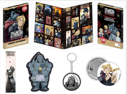 Calendario dell'Avvento 2025 di Fullmetal Alchemist (FMA) con illustrazioni dei fratelli Edward e Alphonse Elric e gli oggetti da collezione che contiene (spillette, standee).