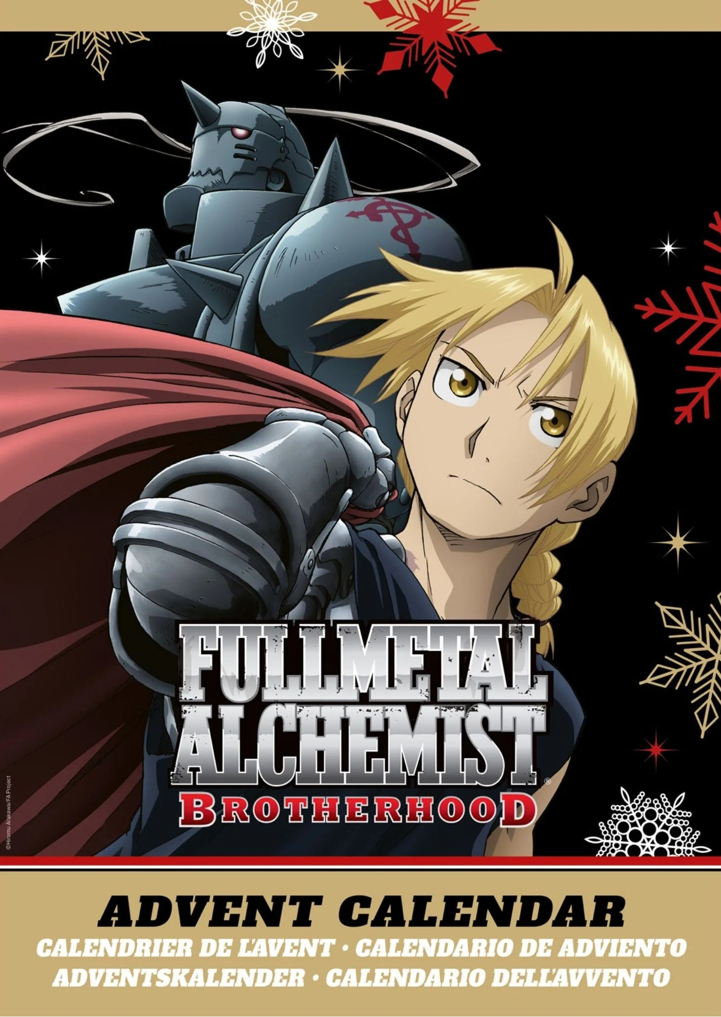 Calendario dell'Avvento 2025 di Fullmetal Alchemist (FMA) con illustrazioni dei fratelli Edward e Alphonse Elric e gli oggetti da collezione che contiene (spillette, standee).
