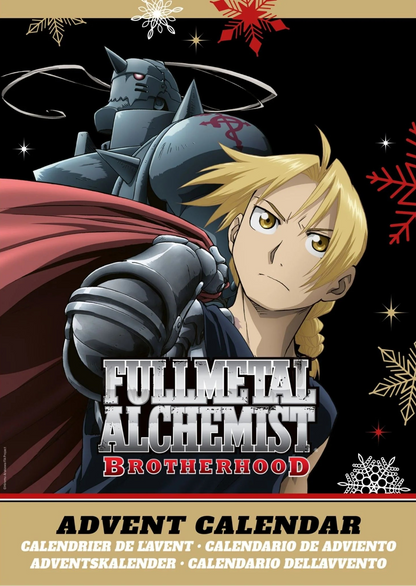 Calendario dell'Avvento 2025 di Fullmetal Alchemist (FMA) con illustrazioni dei fratelli Edward e Alphonse Elric e gli oggetti da collezione che contiene (spillette, standee).