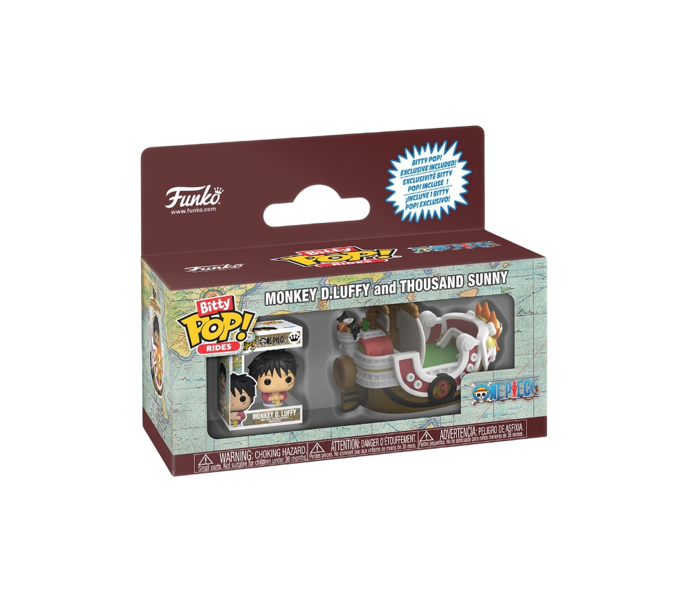 Confezione del Funko Bitty Pop Ride! contenente la micro figure di Monkey D. Luffy dentro un minuscolo box e il modellino della nave Thousand Sunny su sfondo a mappa.
