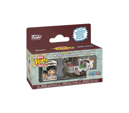 Confezione del Funko Bitty Pop Ride! contenente la micro figure di Monkey D. Luffy dentro un minuscolo box e il modellino della nave Thousand Sunny su sfondo a mappa.