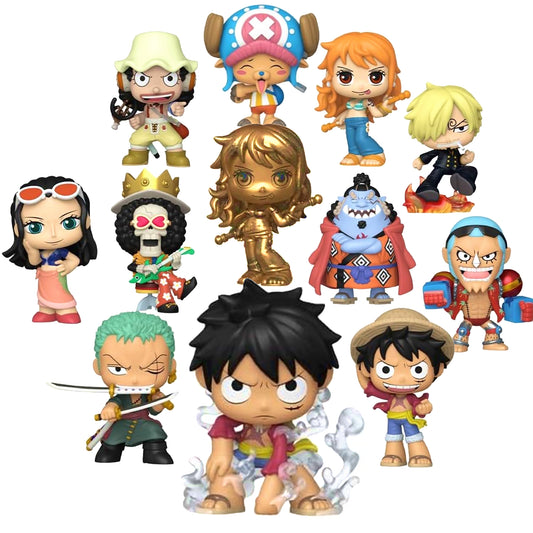 Assortimento completo delle 12 mini figure Funko Mystery Minis della serie One Piece, raffiguranti i vari membri della ciurma di Cappello di Paglia e alcune varianti speciali.