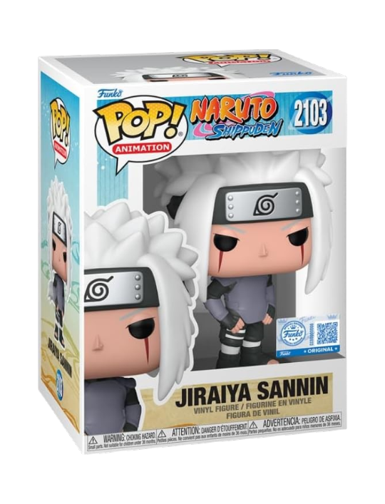 Confezione originale del Funko POP! Animation numero 2103 dedicato a Jiraiya Sannin dalla serie Naruto Shippuden. La figure all'interno della scatola mostra il celebre ninja con i suoi iconici capelli bianchi, i segni rossi sul viso e l'abito da combattimento.