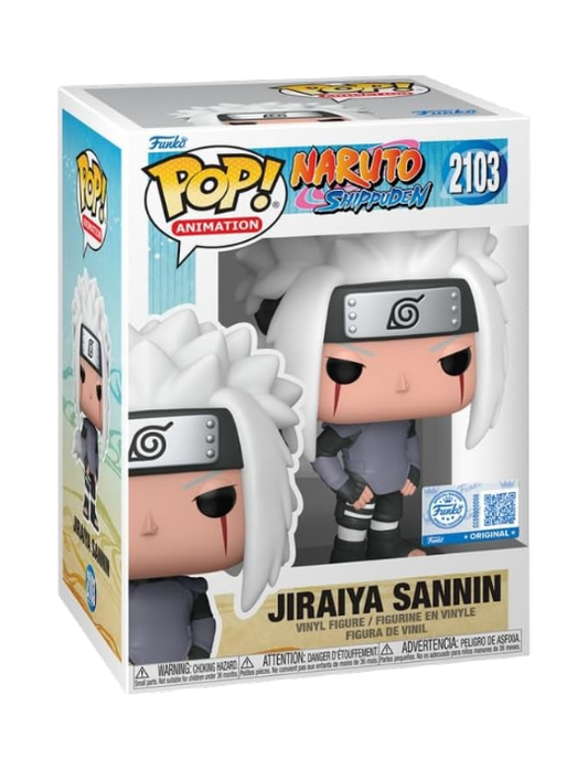 Confezione originale del Funko POP! Animation numero 2103 dedicato a Jiraiya Sannin dalla serie Naruto Shippuden. La figure all'interno della scatola mostra il celebre ninja con i suoi iconici capelli bianchi, i segni rossi sul viso e l'abito da combattimento.