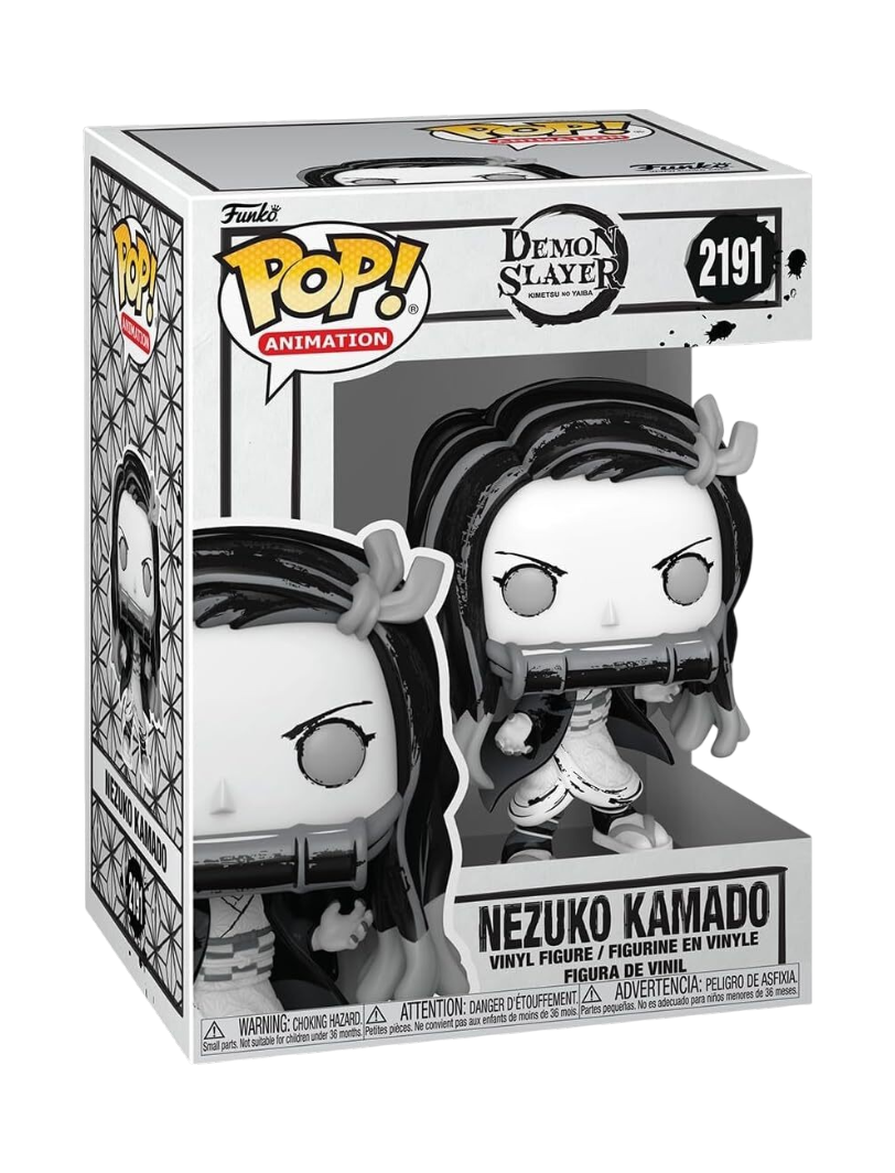 Funko POP! di Nezuko Kamado da Demon Slayer in edizione Sumi-Ink in bianco e nero con effetto pennellata d'inchiostro, con e senza scatola.