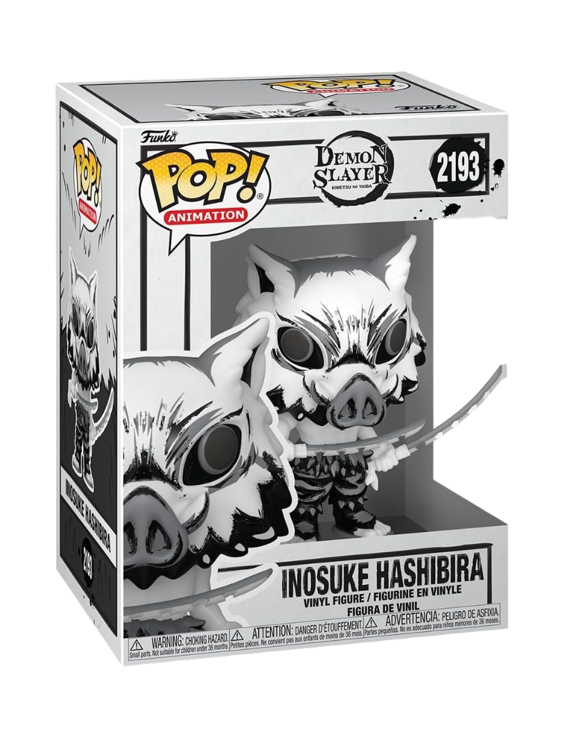 Funko POP! di Inosuke Hashibira da Demon Slayer in edizione Sumi-Ink, caratterizzato da una colorazione in bianco e nero con effetto pennellata.