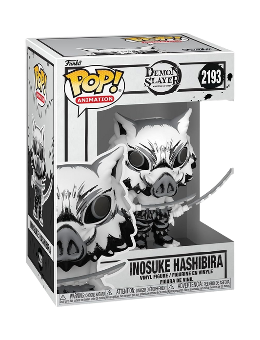 Funko POP! di Inosuke Hashibira da Demon Slayer in edizione Sumi-Ink, caratterizzato da una colorazione in bianco e nero con effetto pennellata.