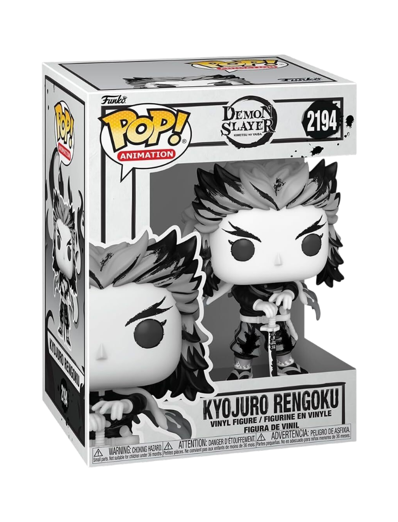 Scatola del Funko POP! di Kyojuro Rengoku da Demon Slayer in edizione Sumi-Ink, caratterizzato da una colorazione in bianco e nero con effetto inchiostro.