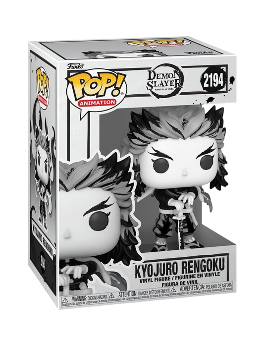 Scatola del Funko POP! di Kyojuro Rengoku da Demon Slayer in edizione Sumi-Ink, caratterizzato da una colorazione in bianco e nero con effetto inchiostro.