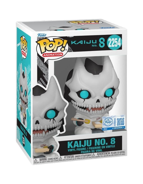 Scatola del Funko POP! 2254 di Kaiju No. 8 in edizione speciale. La figure ritrae il mostro scheletrico con una tuta bianca da lavoro mentre mangia un bento con le bacchette.
