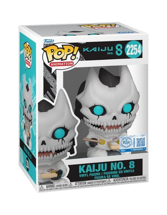 Scatola del Funko POP! 2254 di Kaiju No. 8 in edizione speciale. La figure ritrae il mostro scheletrico con una tuta bianca da lavoro mentre mangia un bento con le bacchette.