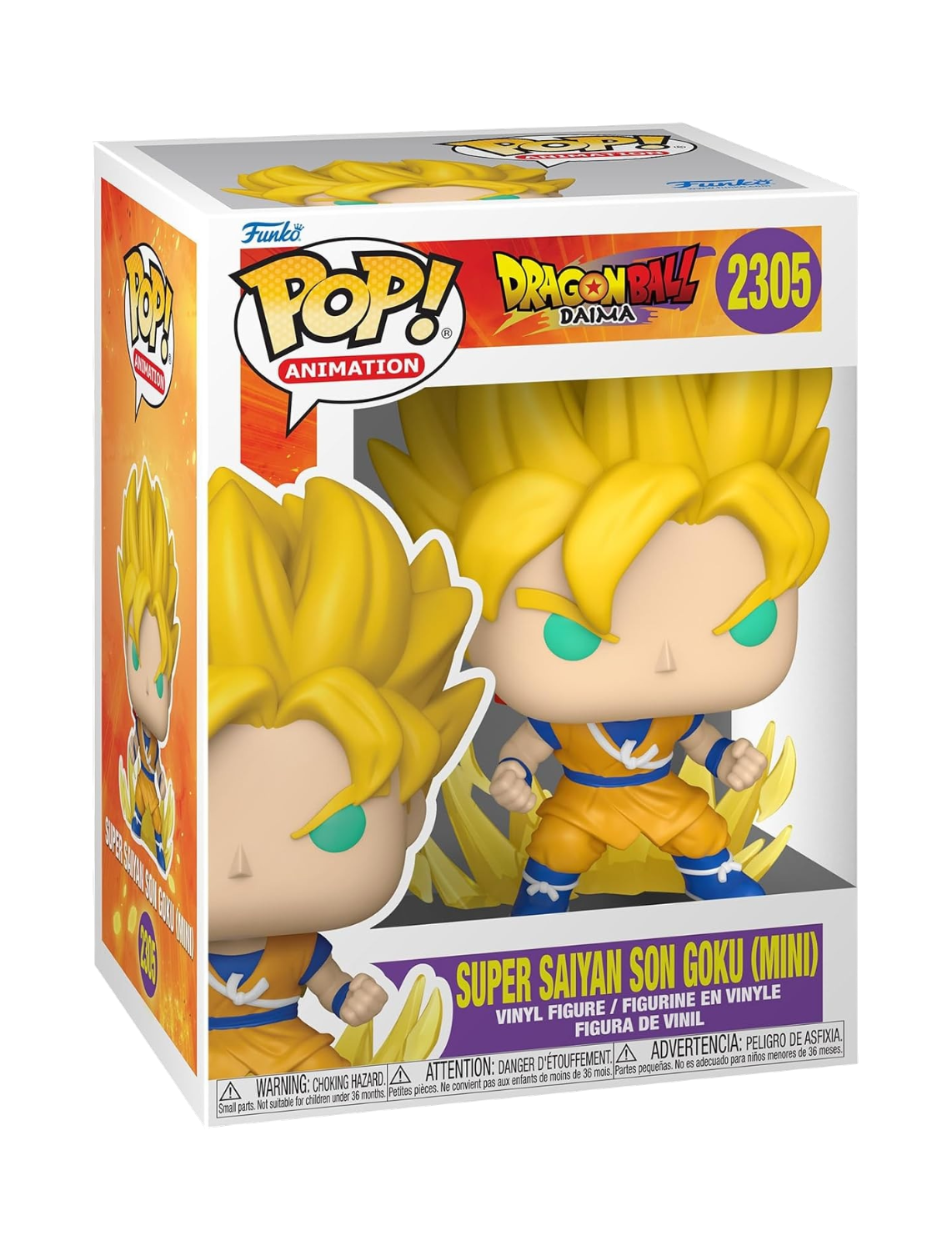 Confezione originale del Funko POP! Animation numero 2305 dedicato a Super Saiyan Son Goku (Mini) dalla serie Dragon Ball Daima. La figure all'interno della scatola mostra il piccolo Goku in posa da combattimento, con i capelli biondi sparati verso l'alto tipici della trasformazione, gli occhi chiari e la classica tuta arancione e blu, circondato da un'aura dorata stilizzata ai suoi piedi.