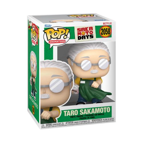 Funko Pop numero 2058 di Taro Sakamoto da Sakamoto Days; il personaggio ha occhiali tondi, baffi e indossa un grembiule verde sopra una maglietta gialla. Tiene in mano una confezione di ramen istantaneo.