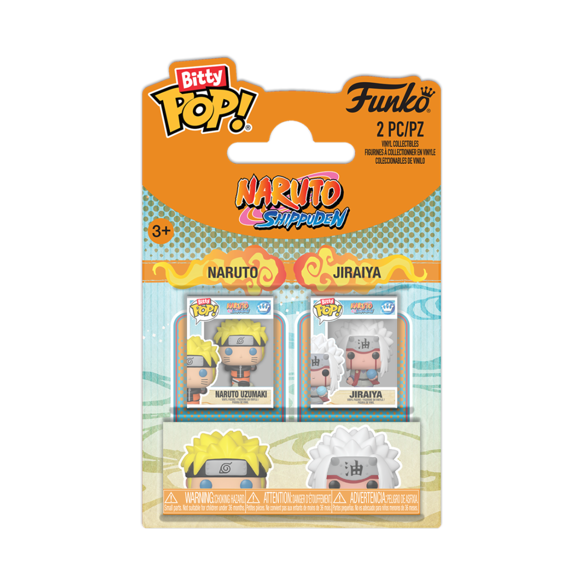 Confezione blisterata del Funko Bitty Pop! 2-Pack di Naruto Shippuden. La card arancione e azzurra contiene le due mini figure in vinile di Naruto Uzumaki e Jiraiya all'interno delle loro piccole scatole protettive trasparenti.
