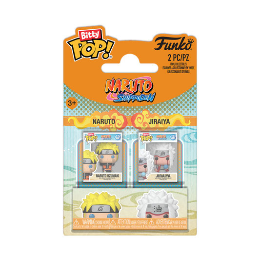 Confezione blisterata del Funko Bitty Pop! 2-Pack di Naruto Shippuden. La card arancione e azzurra contiene le due mini figure in vinile di Naruto Uzumaki e Jiraiya all'interno delle loro piccole scatole protettive trasparenti.