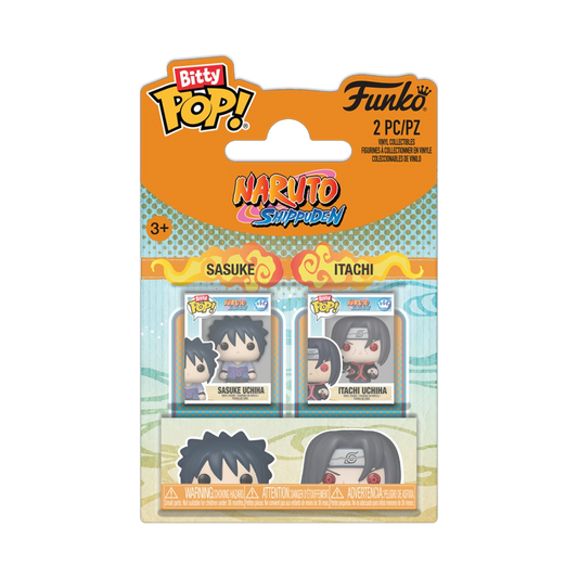 Confezione blisterata del Funko Bitty Pop! 2-Pack di Naruto Shippuden. La card arancione e azzurra contiene le due mini figure in vinile di Sasuke Uchiha e Itachi Uchiha all'interno delle loro piccole scatole protettive trasparenti.