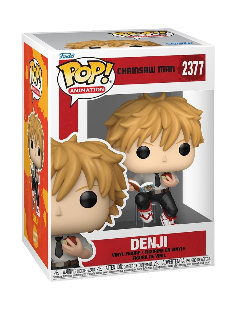 Confezione del Funko Pop! Animation numero 2377 di Denji (Reading) dal manga e anime 'Chainsaw Man'. La figura in vinile mostra Denji con i suoi biondi capelli scompigliati, vestito con la divisa della Pubblica Sicurezza (camicia bianca, cravatta e pantaloni scuri con scarpe sportive rosse e bianche), seduto su uno sgabello mentre tiene un fumetto aperto in una mano e una mela rossa morsicata nell'altra. In alto a destra sulla scatola spicca il numero 2377 e in basso il nome DENJI.