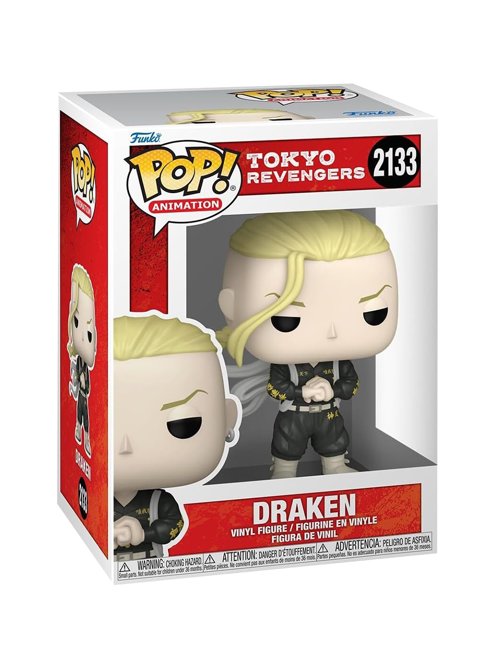 Figure Funko POP! di Draken (Ken Ryuguji) da Tokyo Revengers; il personaggio ha la treccia bionda, il tatuaggio del drago sulla testa e indossa l'uniforme nera della Toman con i pugni uniti.