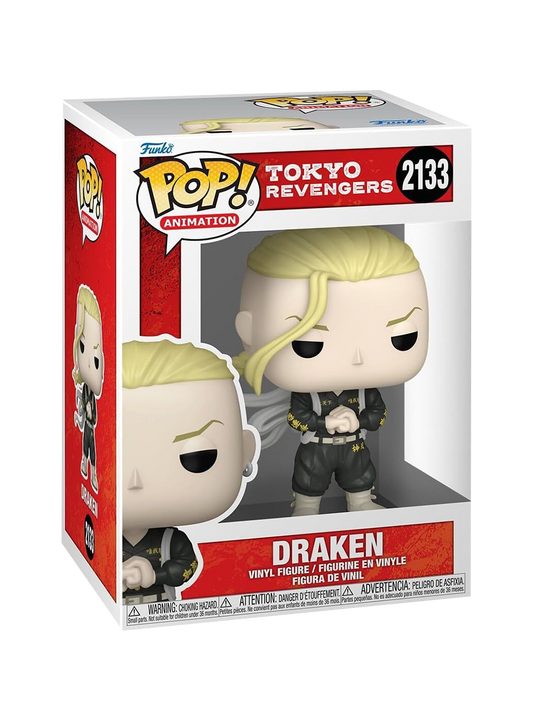 Figure Funko POP! di Draken (Ken Ryuguji) da Tokyo Revengers; il personaggio ha la treccia bionda, il tatuaggio del drago sulla testa e indossa l'uniforme nera della Toman con i pugni uniti.