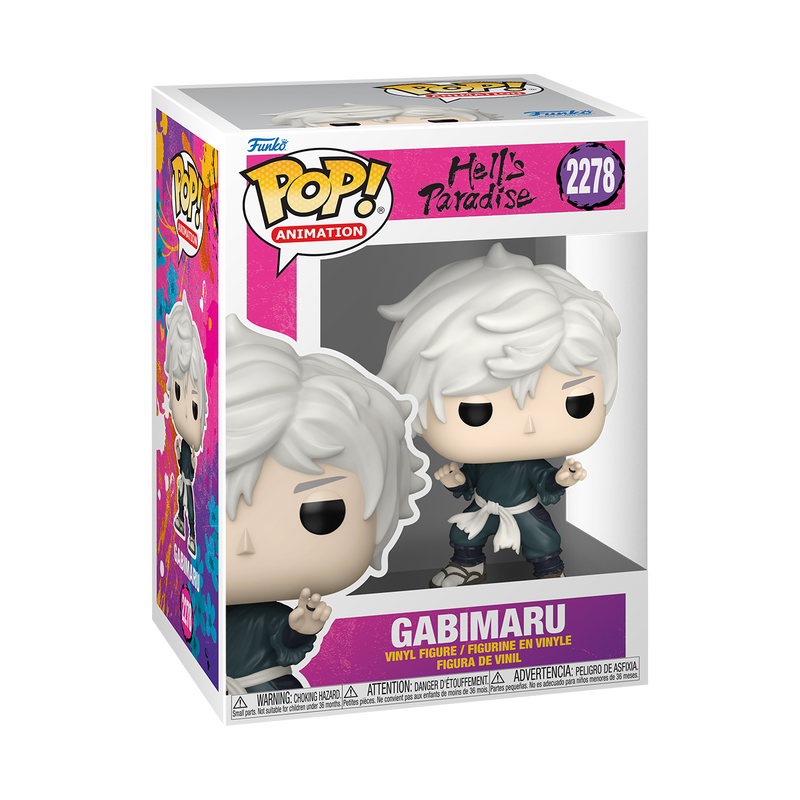 Scatola e figura Funko Pop! di Gabimaru dal manga/anime Hell's Paradise. La figure ha capelli bianchi, abiti da ninja scuri e posa da combattimento.
