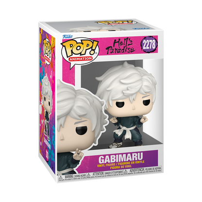 Scatola e figura Funko Pop! di Gabimaru dal manga/anime Hell's Paradise. La figure ha capelli bianchi, abiti da ninja scuri e posa da combattimento.