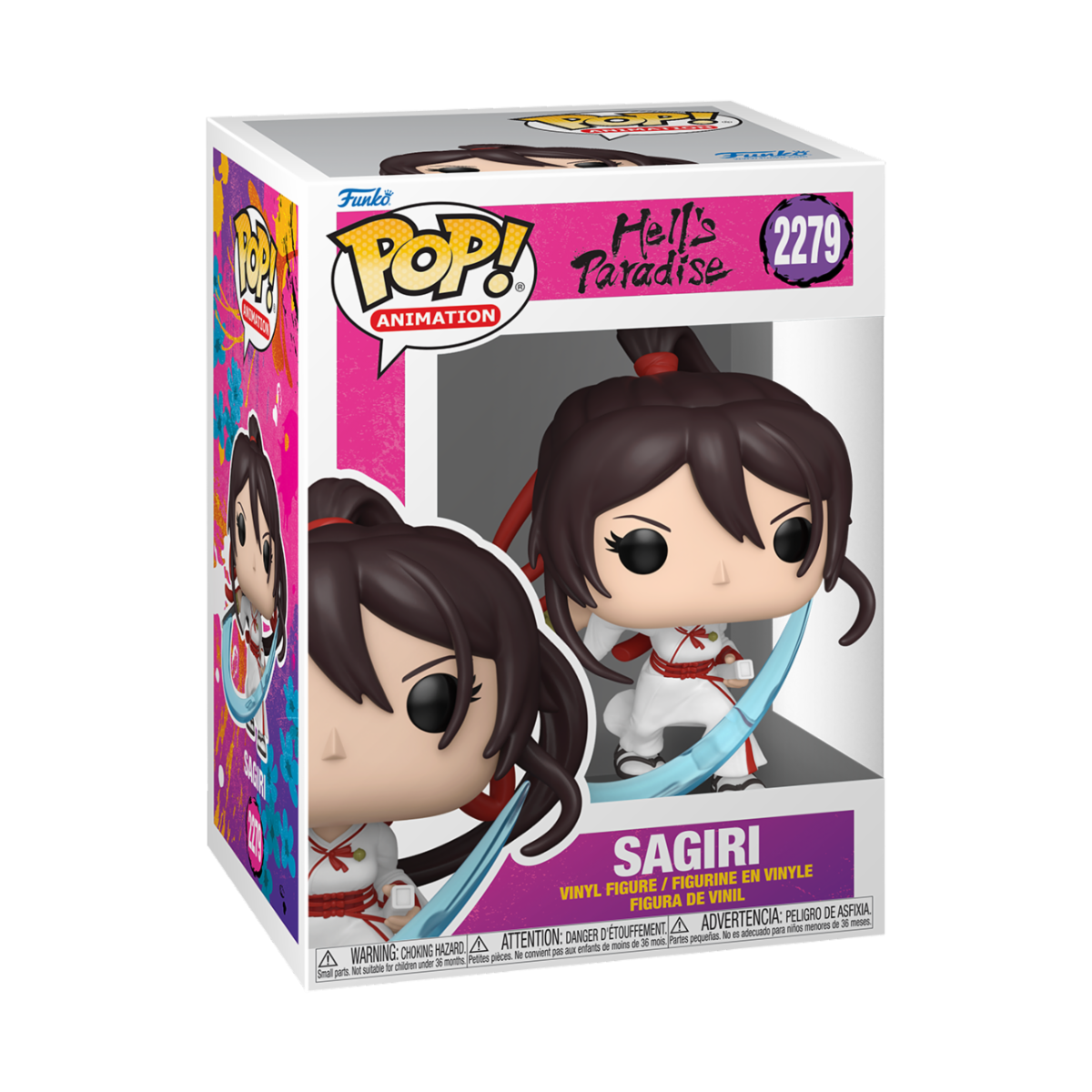 Confezione e figure Funko Pop! Animation 2279 di Sagiri dall'anime Hell's Paradise, ritratta in posa d'attacco con katana ed effetti di luce azzurra.