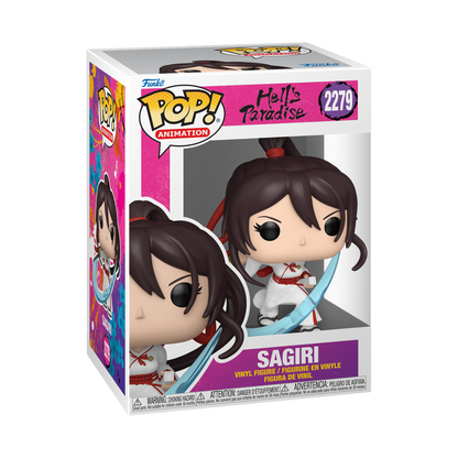 Confezione e figure Funko Pop! Animation 2279 di Sagiri dall'anime Hell's Paradise, ritratta in posa d'attacco con katana ed effetti di luce azzurra.