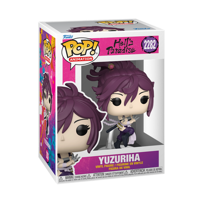 Scatola e figura Funko Pop! Animation numero 2282 di Yuzuriha, personaggio dell'anime Hell's Paradise, con capelli viola e kunai in mano.
