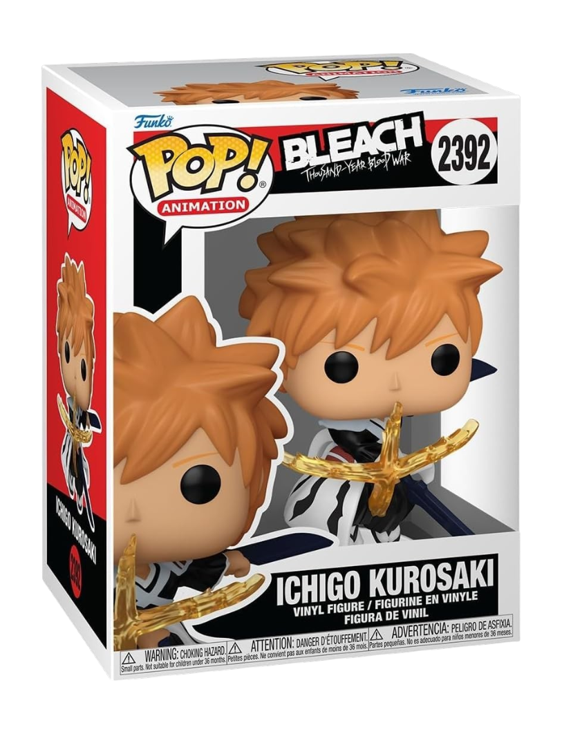 Scatola del Funko POP! numero 2392 di Ichigo Kurosaki dalla serie Bleach: Thousand-Year Blood War, raffigurante il personaggio con capelli arancioni ed effetto d'attacco dorato.