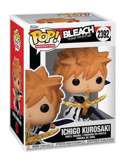 Scatola del Funko POP! numero 2392 di Ichigo Kurosaki dalla serie Bleach: Thousand-Year Blood War, raffigurante il personaggio con capelli arancioni ed effetto d'attacco dorato.
