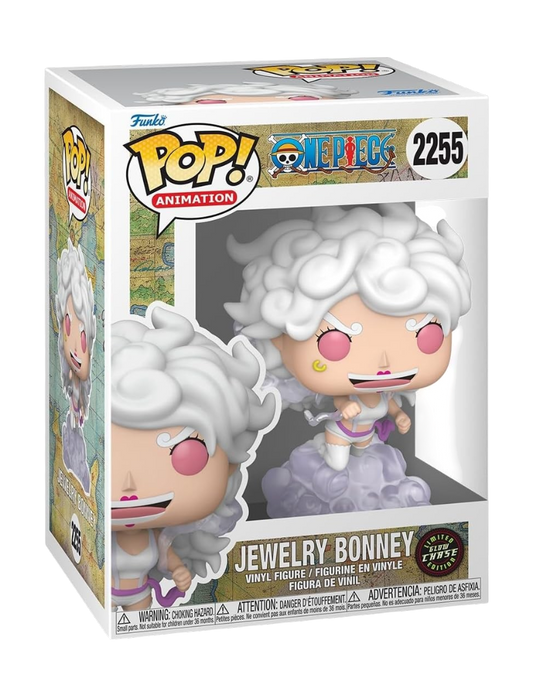 Figura Funko Pop! di Jewelry Bonney in versione Glow Chase con capelli bianchi e base che brilla di luce blu al buio, completa di scatola con bollino dorato.