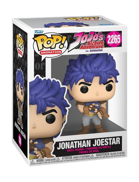 Confezione del Funko Pop! Animation numero 2265 raffigurante Jonathan Joestar dall'anime JoJo's Bizarre Adventure. La figure in vinile mostra il personaggio con folti capelli blu, espressione determinata e abiti da combattimento, ritratto in una posa marziale d'attacco.