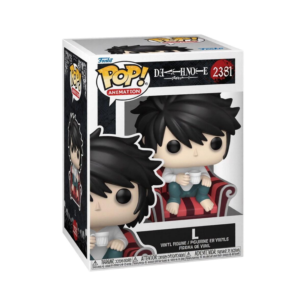 Scatola del Funko POP! Animation numero 2381 di L seduto rannicchiato sulla poltrona con una tazza in mano da Death Note.   
