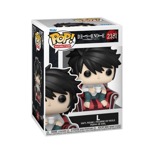 Scatola del Funko POP! Animation numero 2381 di L seduto rannicchiato sulla poltrona con una tazza in mano da Death Note.   