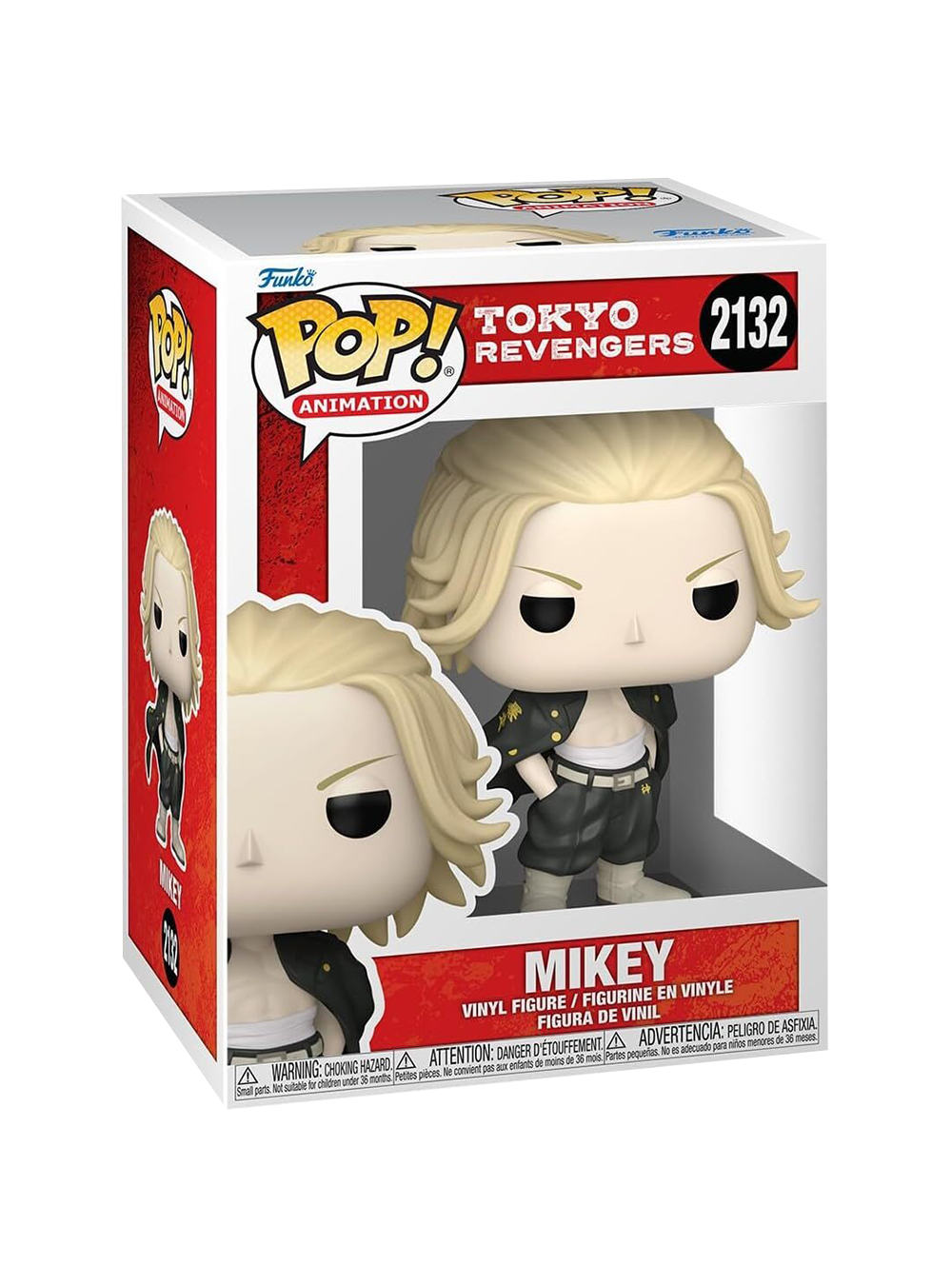 Figure Funko POP! di Mikey (Manjiro Sano) da Tokyo Revengers; il personaggio ha capelli biondi, mani in tasca e indossa l'uniforme nera della gang appoggiata sulle spalle, mostrando le bende sull'addome.