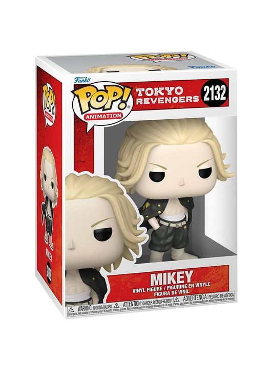 Figure Funko POP! di Mikey (Manjiro Sano) da Tokyo Revengers; il personaggio ha capelli biondi, mani in tasca e indossa l'uniforme nera della gang appoggiata sulle spalle, mostrando le bende sull'addome.
