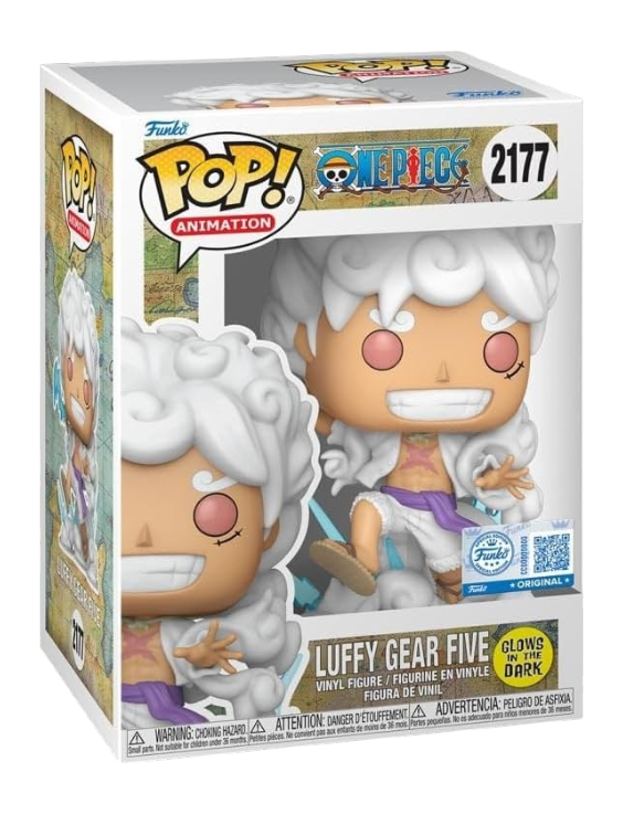 Scatola da collezione Funko Pop! numero 2177 contenente la figure in vinile di Luffy Gear Five della serie One Piece, raffigurato con capelli e vestiti bianchi in posa d'azione, con un bollino tondo giallo "Glows in the Dark" sul fronte.