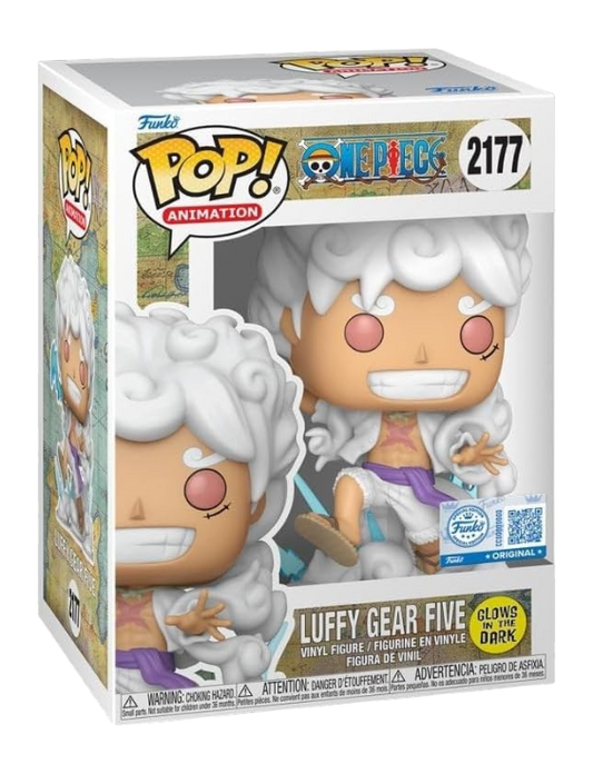 Scatola da collezione Funko Pop! numero 2177 contenente la figure in vinile di Luffy Gear Five della serie One Piece, raffigurato con capelli e vestiti bianchi in posa d'azione, con un bollino tondo giallo "Glows in the Dark" sul fronte.