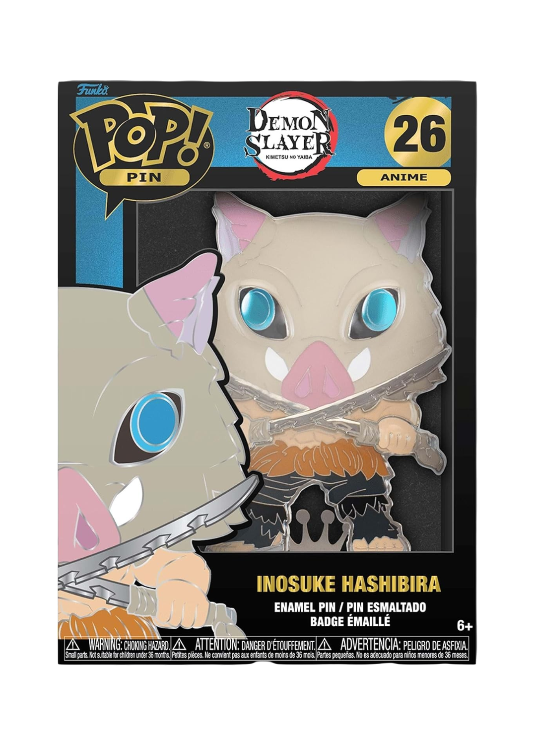 Confezione nera da collezione della spilla smaltata Funko POP! Pin numero 26 raffigurante Inosuke Hashibira da Demon Slayer: Kimetsu no Yaiba. La spilla visibile attraverso la confezione ritrae Inosuke in stile POP! con la maschera da cinghiale selvatico, occhi azzurri luminosi e le due spade Katana seghettate incrociate al petto, sormontata dal logo Demon Slayer e dal numero 26 su fondo dorato a destra.