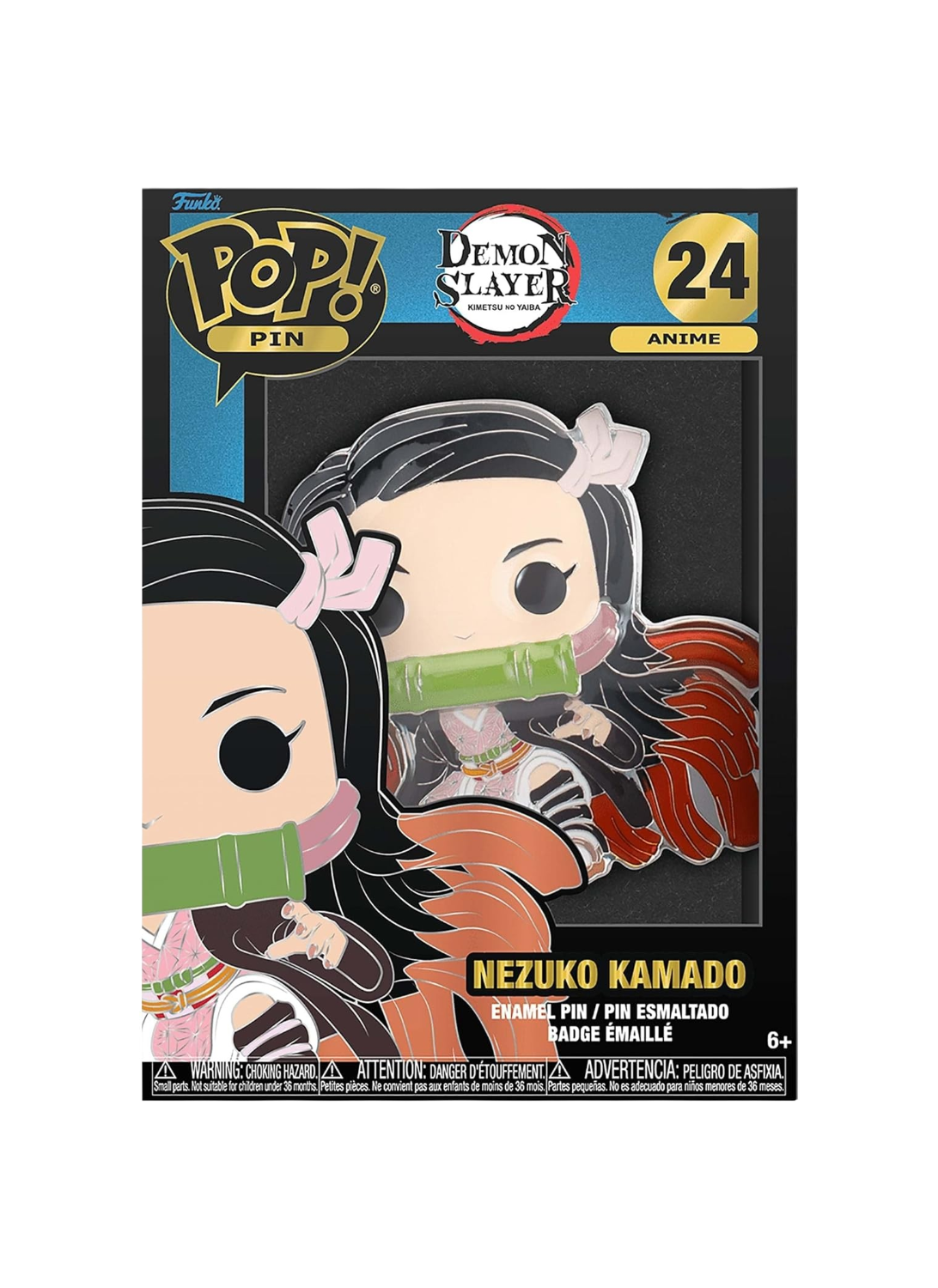 Confezione nera da collezione della spilla smaltata Funko POP! Pin numero 24 raffigurante Nezuko Kamado da Demon Slayer: Kimetsu no Yaiba. La spilla visibile al centro ritrae Nezuko nel caratteristico stile POP! con il boccaglio di bambù verde tra le labbra, fiocco rosa tra i capelli scuri dalle punte arancione brillante e il kimono rosa tradizionale, sormontata dal logo Demon Slayer e dal numero 24 su sfondo dorato in alto a destra.