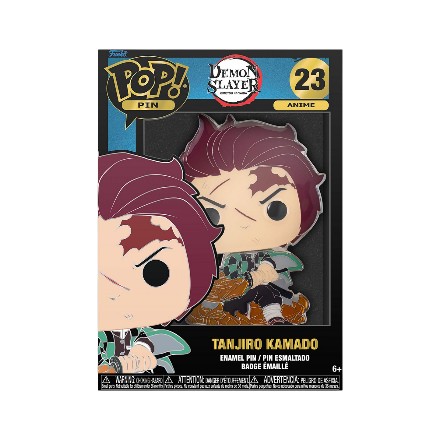 Confezione nera da collezione della spilla smaltata Funko POP! Pin numero 23 raffigurante Tanjiro Kamado da Demon Slayer: Kimetsu no Yaiba. La spilla visibile all'interno della scatola mostra Tanjiro in stile POP! con l'haori a scacchi neri e verdi, la cicatrice rossastra sulla fronte e la spada Katana sguainata su una base con effetto fiammeggiante ambrato, sormontata dal logo Demon Slayer e dal numero 23 su sfondo dorato in alto a destra.
