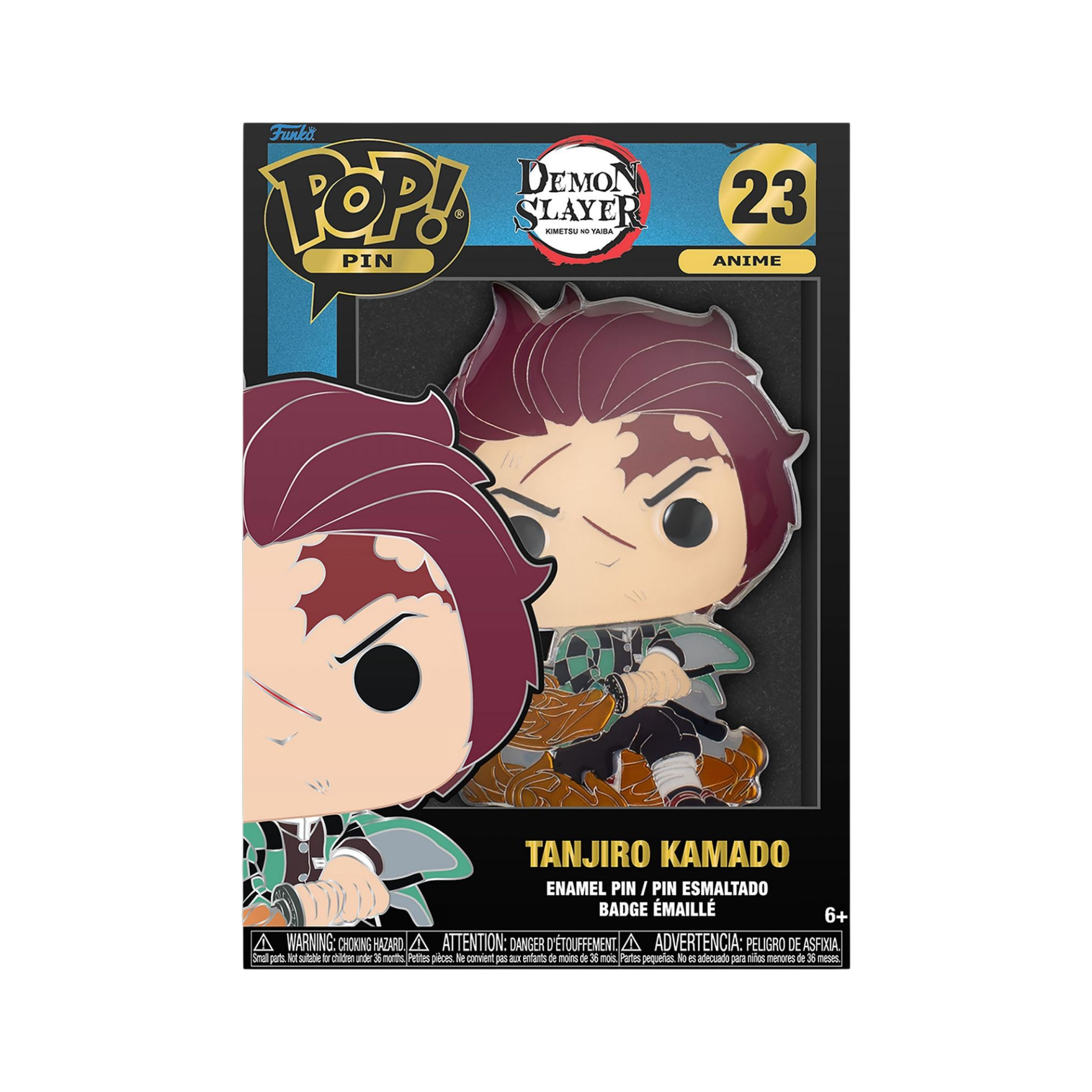 Confezione nera da collezione della spilla smaltata Funko POP! Pin numero 23 raffigurante Tanjiro Kamado da Demon Slayer: Kimetsu no Yaiba. La spilla visibile all'interno della scatola mostra Tanjiro in stile POP! con l'haori a scacchi neri e verdi, la cicatrice rossastra sulla fronte e la spada Katana sguainata su una base con effetto fiammeggiante ambrato, sormontata dal logo Demon Slayer e dal numero 23 su sfondo dorato in alto a destra.