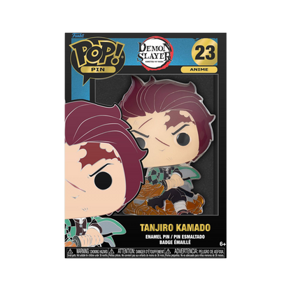 Confezione nera da collezione della spilla smaltata Funko POP! Pin numero 23 raffigurante Tanjiro Kamado da Demon Slayer: Kimetsu no Yaiba. La spilla visibile all'interno della scatola mostra Tanjiro in stile POP! con l'haori a scacchi neri e verdi, la cicatrice rossastra sulla fronte e la spada Katana sguainata su una base con effetto fiammeggiante ambrato, sormontata dal logo Demon Slayer e dal numero 23 su sfondo dorato in alto a destra.