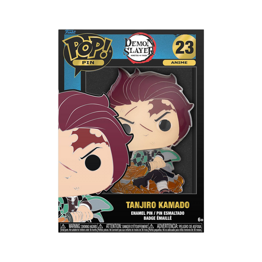 Confezione nera da collezione della spilla smaltata Funko POP! Pin numero 23 raffigurante Tanjiro Kamado da Demon Slayer: Kimetsu no Yaiba. La spilla visibile all'interno della scatola mostra Tanjiro in stile POP! con l'haori a scacchi neri e verdi, la cicatrice rossastra sulla fronte e la spada Katana sguainata su una base con effetto fiammeggiante ambrato, sormontata dal logo Demon Slayer e dal numero 23 su sfondo dorato in alto a destra.