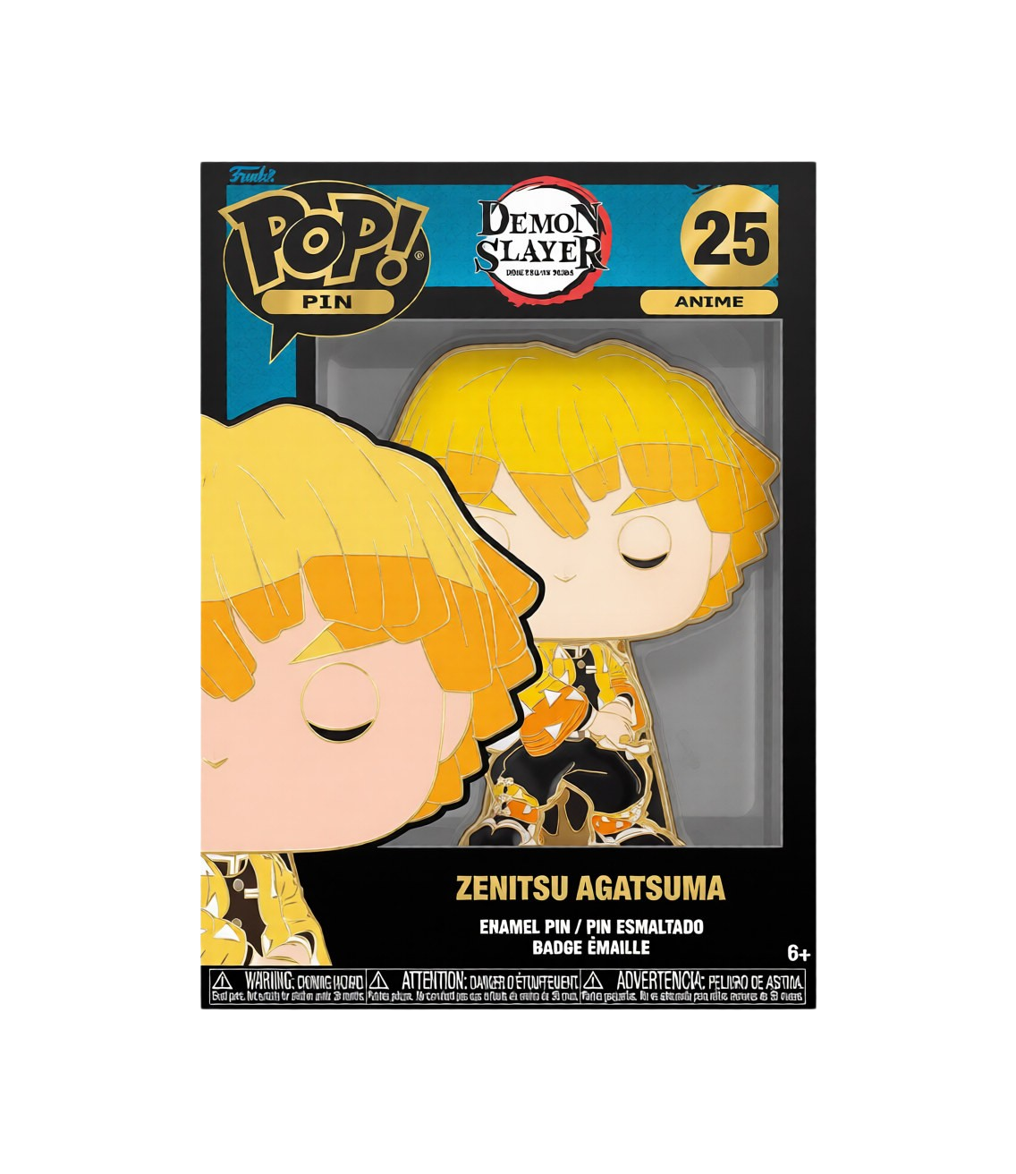 Confezione nera da collezione della spilla smaltata Funko POP! Pin numero 25 raffigurante Zenitsu Agatsuma da Demon Slayer: Kimetsu no Yaiba. La spilla visibile attraverso la confezione mostra Zenitsu in stile POP! con gli occhi chiusi in concentrazione, capelli biondi con sfumature arancioni e il suo caratteristico haori giallo e arancione a triangoli bianchi, sormontata dal logo Demon Slayer e dal numero 25 su fondo dorato a destra.